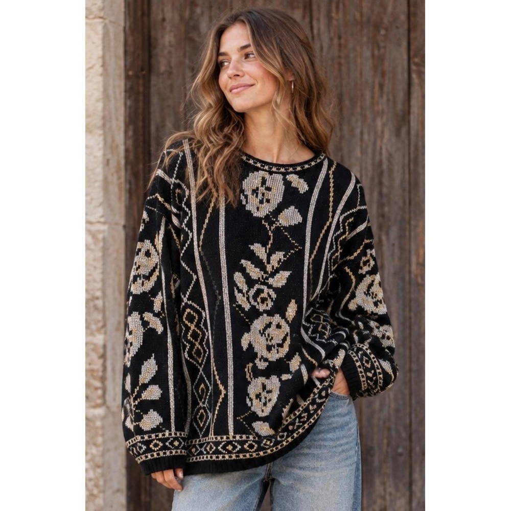 Vtg Dana Scott Metallic Floral Knit Sweater Black Silver Gold Holiday Grandma M